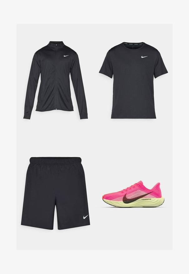 Veste de sport noire à manches longues, avec col et fermeture éclair intégrale. Présente un logo Nike subtil en blanc sur le côté supérieur gauche de la poitrine. Texture lisse.; T-shirt de course noir Nike en matériau léger et respirant, avec des manches courtes et un petit logo blanc sur la poitrine.; Shorts de sport noirs en matériau léger avec une taille élastique. Présente un petit logo Nike blanc sur le bas du côté gauche.; Baskets de sport rose vif avec une tige en maille texturée, un swoosh noir de Nike, une semelle intermédiaire jaune et un capuchon de orteil rouge. Conçues pour la course.