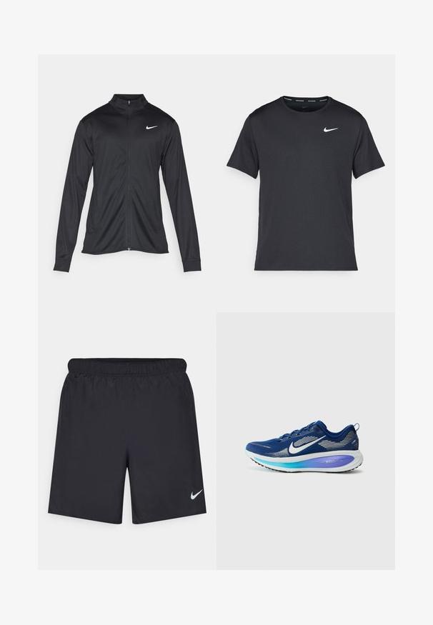 Jacket desportivo preto com mangas longas, colarinho e fecho zip completo. Apresenta um discreto logotipo da Nike em branco na parte superior do lado esquerdo do peito. Textura suave.; T-shirt de corrida Nike preto, feito de material leve e respirável, com mangas curtas e um pequeno logo branco no peito.; Calças de desporto pretas feitas de material leve com uma cintura elástica. Apresenta um pequeno logótipo branco da Nike no canto inferior esquerdo.; Sapatilha desportiva azul com parte superior em malha, logótipo swoosh branco, entressola em gradiente de teal para roxo e sola preta texturizada.