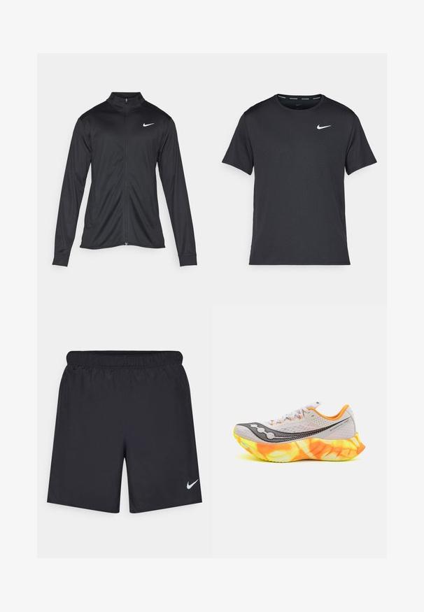 Jachetă sportivă neagră cu mâneci lungi, guler și fermoar complet. Prezintă un logo Nike subtil, alb, pe pieptul din stânga sus. Textură netedă.; Tricou de alergare Nike negru, fabricat dintr-un material ușor și respirabil, cu mâneci scurte și un mic logo alb pe piept.; Pantaloni scurți atletici negri, fabricați dintr-un material ușor, cu un talie elastică. Au un mic logo alb Nike în partea stângă jos.; Pantofii de alergare au un superior din plasă gri, cu accente negre și o talpă strălucitoare de culoare portocalie-gălbuie. Au o talpă exterioară cu amortizare și textură pentru aderență.