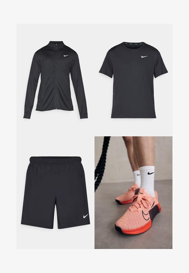 Svart idrettsjakke med lange ermer, krage og full glidelås. Har en subtil Nike-logo i hvitt på øvre venstre bryst. Glatt tekstur.; Svart Nike løpe-T-skjorte laget av lett, pustende stoff, med korte ermer og en liten hvit logo på brystet.; Svart sportskjørt laget av lett materiale med elastisk linning. Har en liten hvit Nike-logo nederst til venstre.; Lys rosa treningssko med svarte detaljer, mesh-overdel og rød såle. Kombinert med hvite ribbede Nike-sokker.
