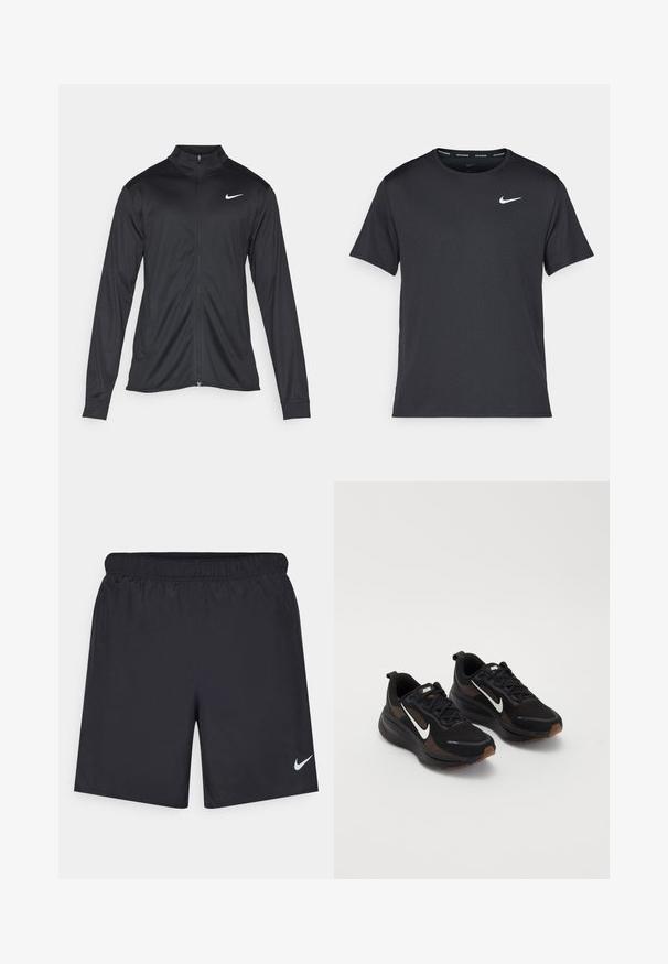 Jachetă sportivă neagră cu mâneci lungi, guler și fermoar complet. Prezintă un logo Nike subtil, alb, pe pieptul din stânga sus. Textură netedă.; Tricou de alergare Nike negru, fabricat dintr-un material ușor și respirabil, cu mâneci scurte și un mic logo alb pe piept.; Pantaloni scurți atletici negri, fabricați dintr-un material ușor, cu un talie elastică. Au un mic logo alb Nike în partea stângă jos.; Adidași negri din material athletic cu un exterior din plasă respirabilă, swoosh alb Nike, talpă texturată și accente contrastante în nuanțe de maro. Include călcâi întărit.