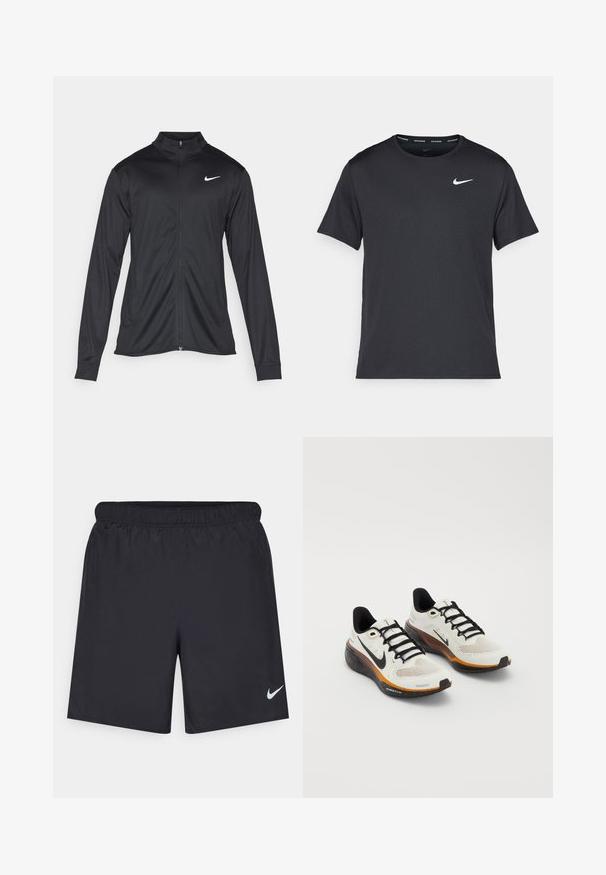 Svart idrettsjakke med lange ermer, krage og full glidelås. Har en subtil Nike-logo i hvitt på øvre venstre bryst. Glatt tekstur.; Svart Nike løpe-T-skjorte laget av lett, pustende stoff, med korte ermer og en liten hvit logo på brystet.; Svart sportskjørt laget av lett materiale med elastisk linning. Har en liten hvit Nike-logo nederst til venstre.; Nike løpesko med en hvit mesh-overdel, svarte snøringer, oransje og svart såle med spraglete detaljer, og pustende design.