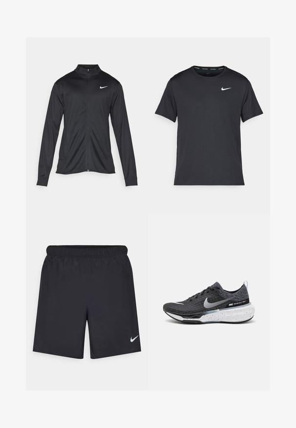 Black athletic jacket with long sleeves, collar, and full zipper. Features a subtle Nike logo in white on the upper left chest. Smooth texture.; Black Nike running T-shirt made of lightweight, breathable material, featuring short sleeves and a small white logo on the chest.; Black athletic shorts made of lightweight material with an elastic waistband. Features a small white Nike logo on the lower left side.; Nike Invincible Run 3 features a black knit upper, white logo, speckled white sole, and a cushioned shape designed for comfort.