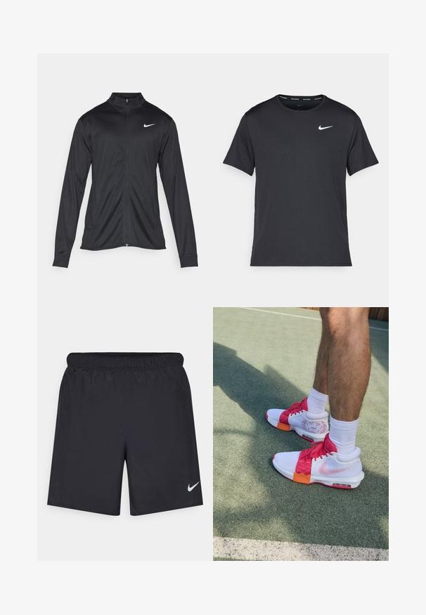 Jachetă sportivă neagră cu mâneci lungi, guler și fermoar complet. Prezintă un logo Nike subtil, alb, pe pieptul din stânga sus. Textură netedă.; Tricou de alergare Nike negru, fabricat dintr-un material ușor și respirabil, cu mâneci scurte și un mic logo alb pe piept.; Pantaloni scurți atletici negri, fabricați dintr-un material ușor, cu un talie elastică. Au un mic logo alb Nike în partea stângă jos.; Adidași albi și roz cu accente portocalii, panouri din plasă, suprafață texturată și logo Nike vizibil, așezați pe un teren verde.