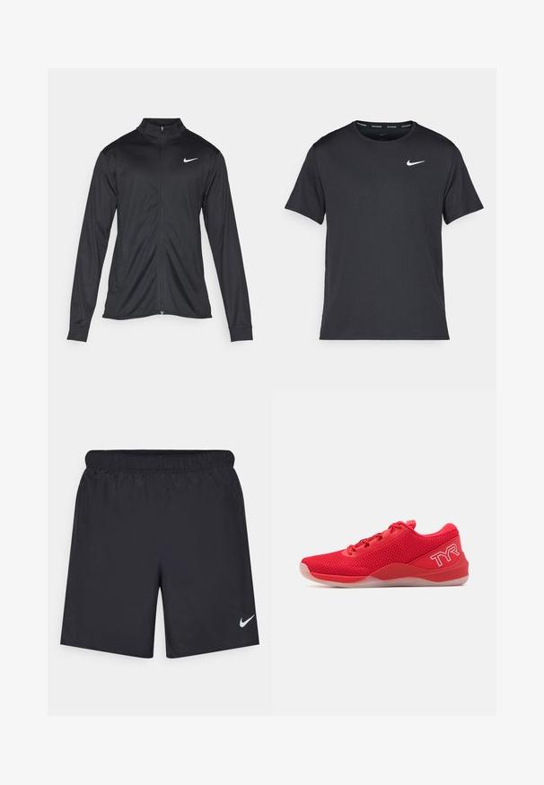 Jachetă sportivă neagră cu mâneci lungi, guler și fermoar complet. Prezintă un logo Nike subtil, alb, pe pieptul din stânga sus. Textură netedă.; Tricou de alergare Nike negru, fabricat dintr-un material ușor și respirabil, cu mâneci scurte și un mic logo alb pe piept.; Pantaloni scurți atletici negri, fabricați dintr-un material ușor, cu un talie elastică. Au un mic logo alb Nike în partea stângă jos.; TYR CXT2 - Pantofi training - red/white