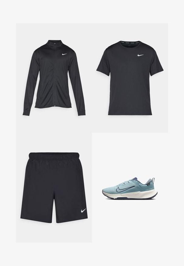 Jacket desportivo preto com mangas longas, colarinho e fecho zip completo. Apresenta um discreto logotipo da Nike em branco na parte superior do lado esquerdo do peito. Textura suave.; T-shirt de corrida Nike preto, feito de material leve e respirável, com mangas curtas e um pequeno logo branco no peito.; Calças de desporto pretas feitas de material leve com uma cintura elástica. Apresenta um pequeno logótipo branco da Nike no canto inferior esquerdo.; Sapatilha desportiva azul clara com parte superior em malha, detalhes em azul marinho, sola branca, acabamento texturizado e detalhe do logo na lateral.