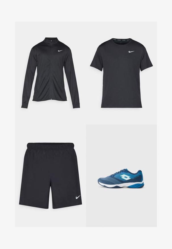 Fekete sportdzseki hosszú ujjal, gallérral és teljes cipzárral. Diszkrét fehér Nike logóval az upper bal mellen. Sima textúra.; Fekete Nike futó póló, könnyű, légáteresztő anyagból készült, rövid ujjú, és a mellkasán egy kicsi fehér logó található.; Fekete sportnadrág könnyű anyagból, rugalmas derékkal. A bal alsó oldalon egy kis fehér Nike-logó található.; Kék és sötétkék sportcipő fehér talppal és logóval, hálós felsőrész, fűzők és párnázott sarkával, amelyen az "Övészvezérlés" felirat olvasható, fehér háttér előtt.