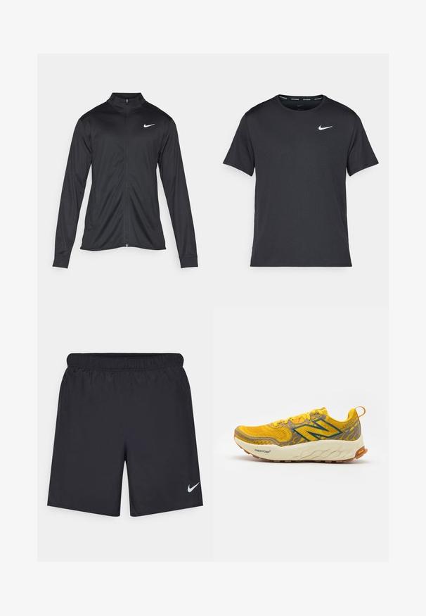Giacca sportiva nera con maniche lunghe, colletto e zip completa. Presenta un logo Nike in bianco sulla parte superiore del lato sinistro del petto. Tessuto morbido.; Maglietta da corsa Nike nera realizzata in materiale leggero e traspirante, con maniche corte e un piccolo logo bianco sul petto.; Shorts sportivi neri realizzati in materiale leggero con vita elastica. Presentano un piccolo logo Nike bianco sul lato sinistro in basso.; Scarpa da corsa gialla con accenti grigi, parte superiore in mesh traspirante, design testurizzato, intersuola ammortizzata e suola in gomma. Etichetta "Fresh Foam" visibile.