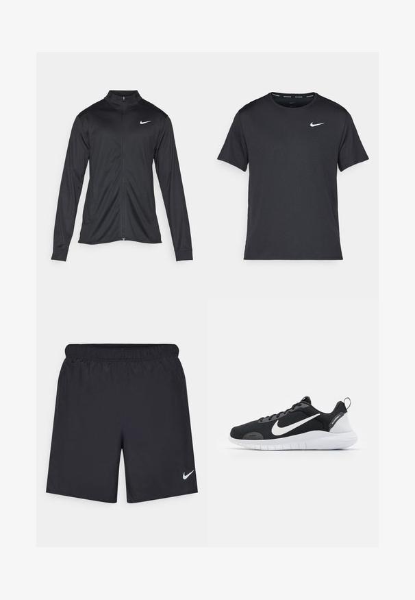Svart idrottsjacka med långa ärmar, krage och full dragkedja. Har en diskret Nike-logga i vitt på övre vänstra bröstet. Slät yta.; Svart Nike löpeshirt i lätt, andningsbart material, med korta ärmar och en liten vit logotyp på bröstet.; Svarta träningsshorts gjorda av lätt material med elastisk midja. Har en liten vit Nike-logotyp på nedre vänstra sidan.; Svarta träningsskor med ovandel i mesh, vit Nike-swoosh-logotyp, texturerade detaljer och vit gummisulor. Har en dragflik vid hälen.