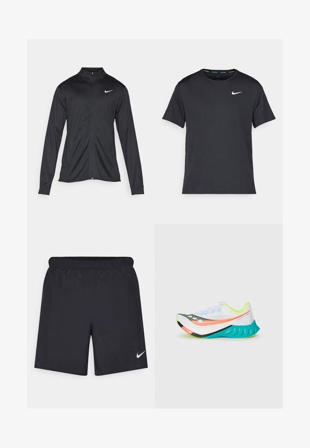 Giacca sportiva nera con maniche lunghe, colletto e zip completa. Presenta un logo Nike in bianco sulla parte superiore del lato sinistro del petto. Tessuto morbido.; Maglietta da corsa Nike nera realizzata in materiale leggero e traspirante, con maniche corte e un piccolo logo bianco sul petto.; Shorts sportivi neri realizzati in materiale leggero con vita elastica. Presentano un piccolo logo Nike bianco sul lato sinistro in basso.; Scarpa da corsa bianca con accenti arancioni, neri e turchesi sulla suola, fodera interna gialla neon e tomaia in mesh su uno sfondo semplice.
