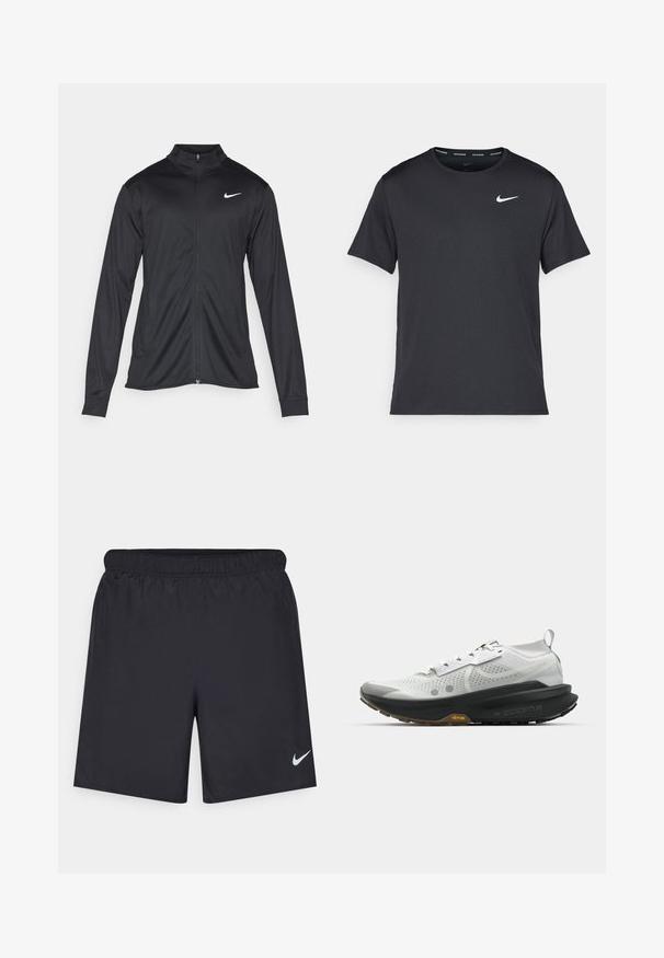 Black athletic jacket with long sleeves, collar, and full zipper. Features a subtle Nike logo in white on the upper left chest. Smooth texture.; Black Nike running T-shirt made of lightweight, breathable material, featuring short sleeves and a small white logo on the chest.; Black athletic shorts made of lightweight material with an elastic waistband. Features a small white Nike logo on the lower left side.; White running shoe featuring a breathable mesh upper, black rubber sole, noticeable cushioning, and yellow "Vibram" accent on the midsole.