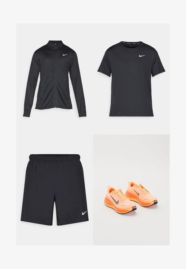 Jacket desportivo preto com mangas longas, colarinho e fecho zip completo. Apresenta um discreto logotipo da Nike em branco na parte superior do lado esquerdo do peito. Textura suave.; T-shirt de corrida Nike preto, feito de material leve e respirável, com mangas curtas e um pequeno logo branco no peito.; Calças de desporto pretas feitas de material leve com uma cintura elástica. Apresenta um pequeno logótipo branco da Nike no canto inferior esquerdo.; Um par de ténis de corrida Nike ZoomX laranja brilhante com logótipos Swoosh pretos e solas espessas e acolchoadas, em fundo branco.