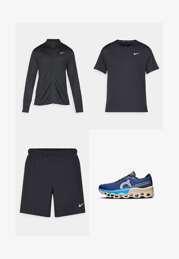 Czarna sportowa kurtka z długimi rękawami, kołnierzem i pełnym zamkiem. Posiada subtelne logo Nike w białym kolorze na lewej górnej części klatki piersiowej. Gładka tekstura.; Czarna koszulka do biegania Nike z lekkiego, oddychającego materiału, z krótkimi rękawami i małym białym logo na piersi.; Czarne spodenki sportowe wykonane z lekkiego materiału, z elastycznym pasem. Posiadają małe białe logo Nike na dolnej lewej stronie.; Buty do biegania z niebieską siateczką, czarnymi akcentami, dużym logo oraz charakterystyczną kremową podeszwą z heksagonalnymi wycięciami.