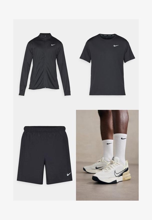 Juodas sportinis švarkas su ilgomis rankovėmis, apykakle ir pilnu užtrauktuku. Yra subtilus baltas Nike logotipas kairėje krūtinės pusėje. Lygus tekstūra.; Juodas Nike bėgimo marškinėlis, pagamintas iš lengvos, kvėpuojančios medžiagos, turintis trumpas rankoves ir mažą baltą logotipą ant krūtinės.; Juodos sportinės šortai, pagaminti iš lengvos medžiagos, su elastingu juosmeniu. Ant apatinės kairės pusės yra mažas baltas Nike logotipas.; Balti tinkliniai bateliai su juodais akcentais ir geltonu vidiniu padu. Banguotos baltos Nike kojinės. Tekstūruotas padas, užtikrinantis geresnį sukibimą.