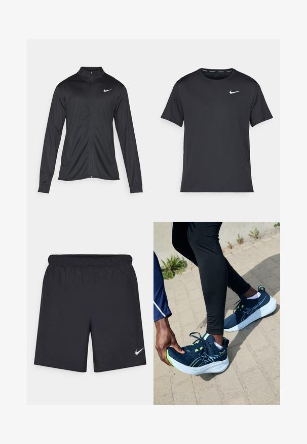 Giacca sportiva nera con maniche lunghe, colletto e zip completa. Presenta un logo Nike in bianco sulla parte superiore del lato sinistro del petto. Tessuto morbido.; Maglietta da corsa Nike nera realizzata in materiale leggero e traspirante, con maniche corte e un piccolo logo bianco sul petto.; Shorts sportivi neri realizzati in materiale leggero con vita elastica. Presentano un piccolo logo Nike bianco sul lato sinistro in basso.; Scarpe da ginnastica blu navy con dettagli verdi, tomaia in mesh testurizzato e suola bianca spessa. Un piede regola la scarpa mentre è in piedi su un sentiero.