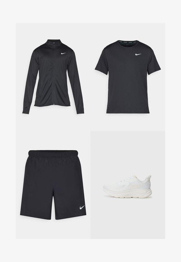 Veste de sport noire à manches longues, avec col et fermeture éclair intégrale. Présente un logo Nike subtil en blanc sur le côté supérieur gauche de la poitrine. Texture lisse.; T-shirt de course noir Nike en matériau léger et respirant, avec des manches courtes et un petit logo blanc sur la poitrine.; Shorts de sport noirs en matériau léger avec une taille élastique. Présente un petit logo Nike blanc sur le bas du côté gauche.; Baskets de course blanches avec un dessus en maille texturée, semelle épaisse et rembourrée, et logo en relief sur le côté. Design à lacets pour un ajustement sécurisé.