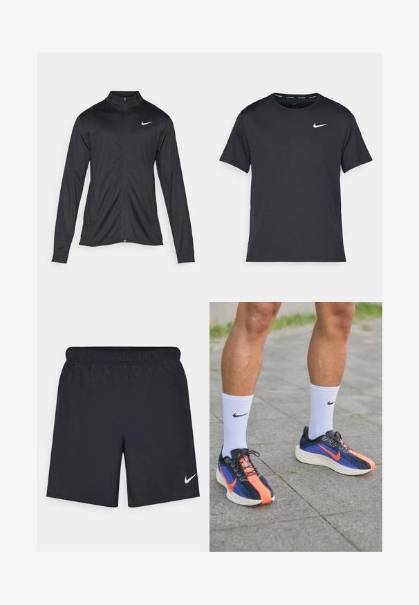 Must värvi sportlik jakk pikkade varrukatega, krae ja täispikk tõmblukk. Ülemises vasakus rinnas on diskreetne valge Nike logo. Sile tekstuur.; Mustamust Nike'i jooksupaita, mis on valmistatud kergest ja hingavast materjalist, lühikeste varrukatega ja mille rinnal on väike valge logo.; Mustad mustikud lühikesed püksid, mis on valmistatud kergest materjalist ja millel on elastne vöökoht. Alumisel vasakul küljel on väike valge Nike logo.; Nike jooksujalatsid tumesinisel värvil koos oranžide aktsentidega. Võrgust ülemine osa hingavuse tagamiseks, paks valge tald ja mustad nöörid. Kantud valgete sokkidega.