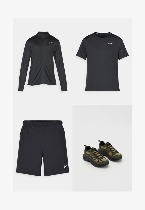 Svart idrettsjakke med lange ermer, krage og full glidelås. Har en subtil Nike-logo i hvitt på øvre venstre bryst. Glatt tekstur.; Svart Nike løpe-T-skjorte laget av lett, pustende stoff, med korte ermer og en liten hvit logo på brystet.; Svart sportskjørt laget av lett materiale med elastisk linning. Har en liten hvit Nike-logo nederst til venstre.; Grønne og svarte treningssko med en teksturert overdel, mesh-paneler, solid såle, og snøring med reforsterte tær og hæl.