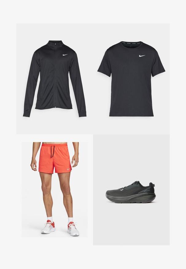 Fekete sportdzseki hosszú ujjal, gallérral és teljes cipzárral. Diszkrét fehér Nike logóval az upper bal mellen. Sima textúra.; Fekete Nike futó póló, könnyű, légáteresztő anyagból készült, rövid ujjú, és a mellkasán egy kicsi fehér logó található.; Nike férfi futóshorts élénk narancs színben, rugalmas derékkal és húzózsinórral, oldalsó zsebekkel és egy apró szürke logóval díszítve.; Fekete sportcipő, légáteresztő hálós felsőrésszel, texturált talppal és támogató középtalppal. Visszaverő elemek találhatók rajta.