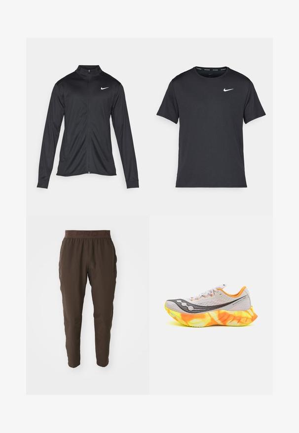 Veste de sport noire à manches longues, avec col et fermeture éclair intégrale. Présente un logo Nike subtil en blanc sur le côté supérieur gauche de la poitrine. Texture lisse.; T-shirt de course noir Nike en matériau léger et respirant, avec des manches courtes et un petit logo blanc sur la poitrine.; Pantalons de sport marron avec une taille élastique. Fabriqués dans un matériau léger, avec un design à jambe fuselée et des poches latérales. Sans motifs.; Chaussure de course avec une tige en mesh gris, des accents noirs et une semelle brillante orange-jaune. Présente une semelle extérieure rembourrée et texturée pour une traction optimale.