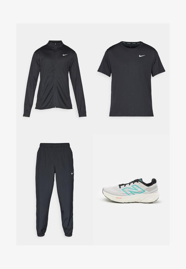 Melna sporta jaka ar garām piedurknēm, apkakli un pilnu rāvējslēdzēju. Uz kreisā krūts augšdaļas ir maigs Nike logo baltā krāsā. Gluda tekstūra.; Melna Nike skriešanas T-kreklā, kas izgatavots no viegla un elpojoša materiāla, ar īsām piedurknēm un mazu baltu logo uz krūtīm.; Melnas sporta bikses, izgatavotas no viegla auduma, ar elastīgu jostasvietu, potīšu malām un diskretu Nike logo kreisajā pusē.; New Balance FRESH FOAM X 1080 V13 - Apavi skriešanai pa asfaltu - grey