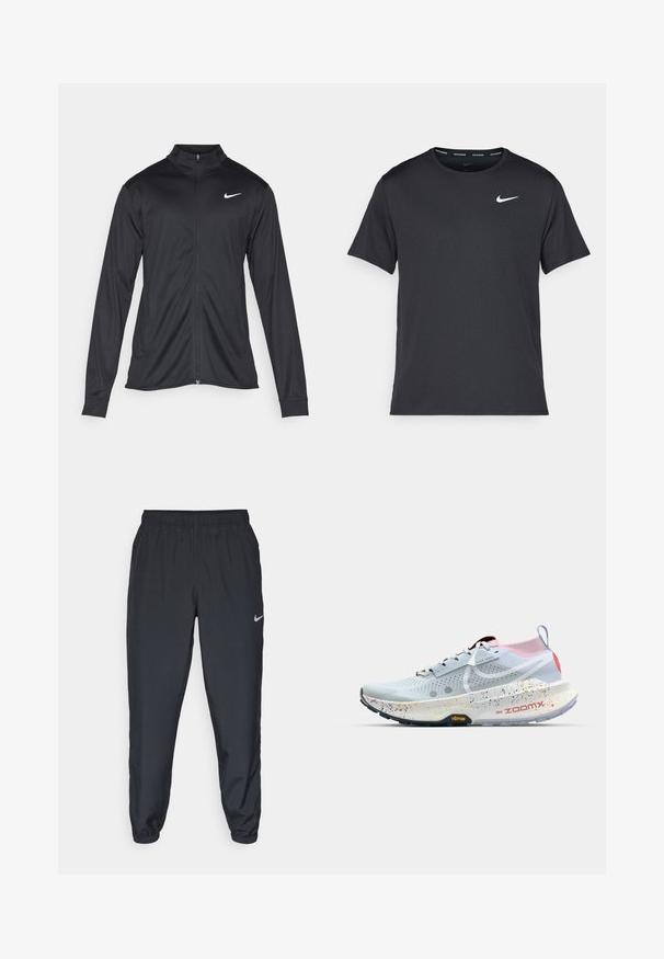 Veste de sport noire à manches longues, avec col et fermeture éclair intégrale. Présente un logo Nike subtil en blanc sur le côté supérieur gauche de la poitrine. Texture lisse.; T-shirt de course noir Nike en matériau léger et respirant, avec des manches courtes et un petit logo blanc sur la poitrine.; Pantalon de jogging noir en tissu léger avec une ceinture élastique, des poignets aux chevilles et un logo Nike discret sur le côté gauche.; Chaussure de course Nike ZoomX en bleu clair avec un talon rose et rouge. Comprend une tige perforée, une semelle intermédiaire mouchetée et une semelle extérieure en Vibram noire.