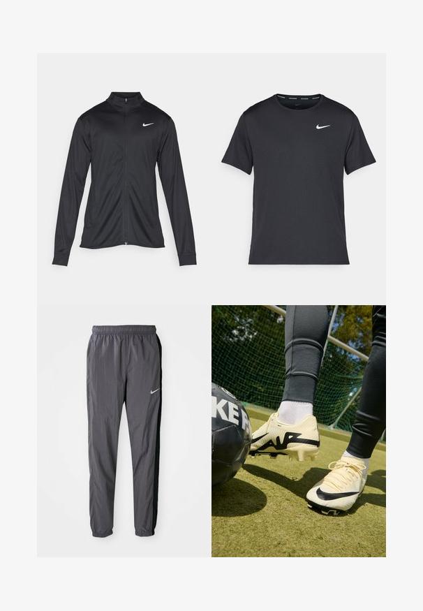 Black athletic jacket with long sleeves, collar, and full zipper. Features a subtle Nike logo in white on the upper left chest. Smooth texture.; Black Nike running T-shirt made of lightweight, breathable material, featuring short sleeves and a small white logo on the chest.; Nike track pants, made of lightweight fabric, in dark gray with black side panels. Features an elastic waistband and reflective logo.; Nike soccer cleats in cream with black accents, textured upper, prominent logo, and conical studs. Black soccer ball nearby on grass surface.