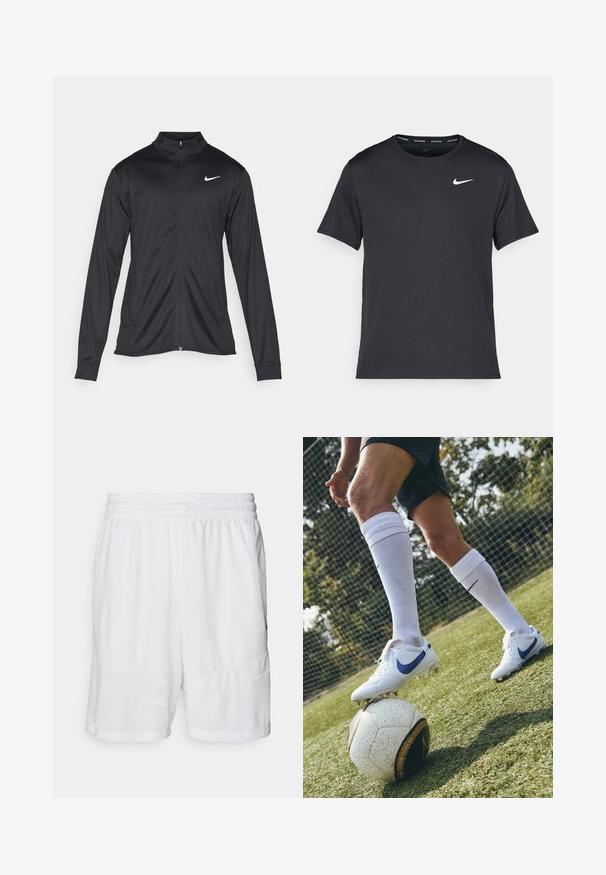 Crna sportska jakna s dugim rukavima, ovratnikom i punim patentnim zatvaračem. Ima suptilan Nike logo u bijeloj boji na gornjem lijevom dijelu prsne oznake. Glatka tekstura.; Crna Nike majica za trčanje napravljena od laganog, prozračnog materijala, s kratkim rukavima i malim bijelim logotipom na prsima.; Bijele atletske kratke hlače izrađene od teksturiranog, prozračnog mrežastog materijala. Imaju elastičnu oznaku u struku i slojevite dizajnerske akcentne detalje.; Bijele nogometne kopačke s ljubičastim akcentima na zelenom terenu, postavljene na loptu s crno-bijelim uzorkom, uz bijele čarape do koljena.