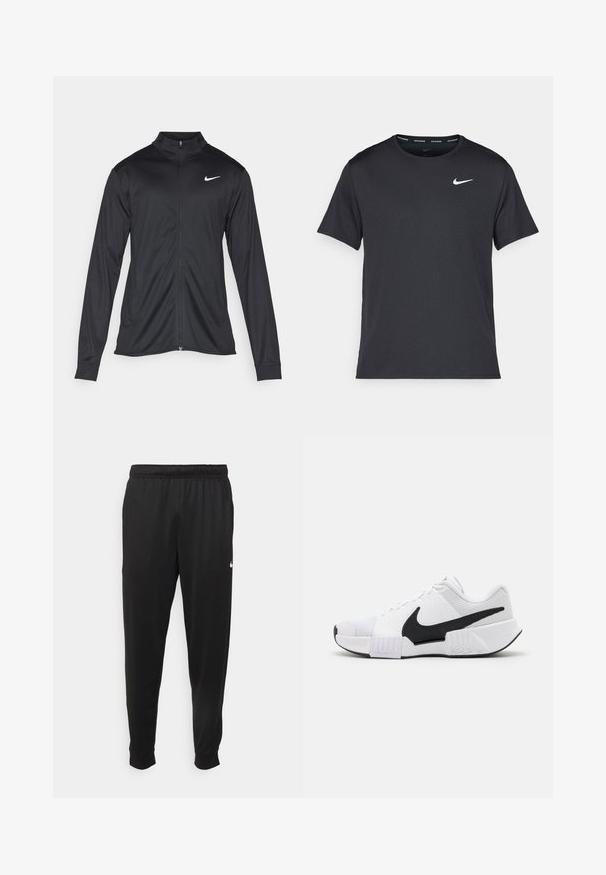 Must värvi sportlik jakk pikkade varrukatega, krae ja täispikk tõmblukk. Ülemises vasakus rinnas on diskreetne valge Nike logo. Sile tekstuur.; Mustamust Nike'i jooksupaita, mis on valmistatud kergest ja hingavast materjalist, lühikeste varrukatega ja mille rinnal on väike valge logo.; Mustad mustekad athletic-püksid sujuvast kangast, elastse vöökoha, kitsenevate jalgade ja väikese valge logoga vasakul küljel.; Valged spordijalatsid mustade aktsentidega. Tekstureeritud võrkpaneelid, polsterdatud krae ja kummipõhi. Karm must sulelogo.