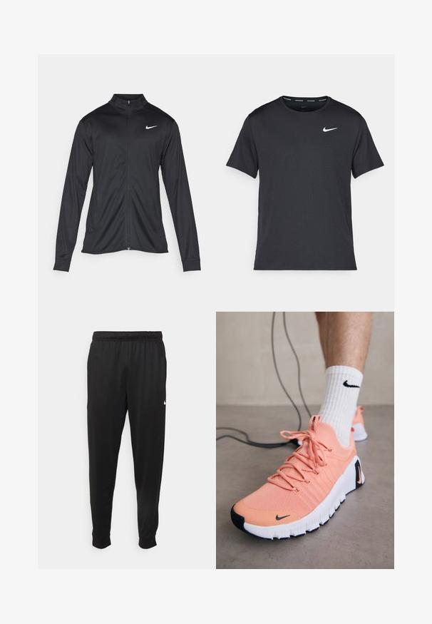 Juodas sportinis švarkas su ilgomis rankovėmis, apykakle ir pilnu užtrauktuku. Yra subtilus baltas Nike logotipas kairėje krūtinės pusėje. Lygus tekstūra.; Juodas Nike bėgimo marškinėlis, pagamintas iš lengvos, kvėpuojančios medžiagos, turintis trumpas rankoves ir mažą baltą logotipą ant krūtinės.; Juodi sportiniai kelnės, pagamintos iš lygaus audinio, turinčios elastinę juosmenį, siaurėjantys sijonai ir mažas baltas logotipas kairėje pusėje.; Nike sportbačiai pasižymi lengvu, persikų spalvos tinkliniu viršumi, baltu padu su juodais akcentais ir rožinėmis raištelėmis. Dizainas yra minimalistiškas.