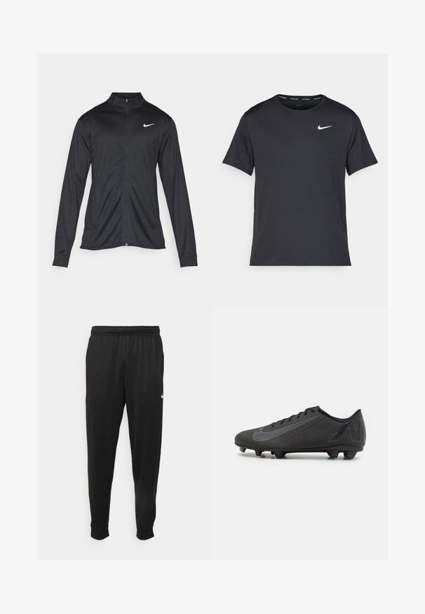 Musta urheilutakki pitkillä hihoilla, kauluksella ja kokonaisella vetoketjulla. Täydentää hienovarainen Nike-logo valkoisena vasemmassa ylärinnassa. Litteä pinta.; Musta Nike juoksupaita, joka on valmistettu kevyestä ja hengittävästä materiaalista. Paidassa on lyhyet hihnat ja pieni valkoinen logo rinnassa.; Mustat urheiluhousut, jotka on valmistettu sileästä kankaasta. Niissä on joustava vyötärö, kapenevat lahkeet ja pieni valkoinen logo vasemmalla puolella.; Musta jalkapallokenkä, jossa on teksturoitu pinta, tyylikäs muotoilu ja vaaleansiniset yksityiskohdat. Viisi muovattua nappulaa pohjassa pitoa varten.