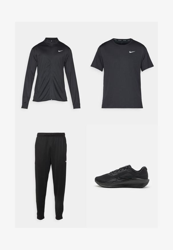 Veste de sport noire à manches longues, avec col et fermeture éclair intégrale. Présente un logo Nike subtil en blanc sur le côté supérieur gauche de la poitrine. Texture lisse.; T-shirt de course noir Nike en matériau léger et respirant, avec des manches courtes et un petit logo blanc sur la poitrine.; Pantalon de sport noir en tissu lisse, avec une taille élastique, des jambes fuselées et un petit logo blanc sur le côté gauche.; Baskets noires en mesh et matériaux synthétiques, dotées d'un design épuré, d'un col rembourré et d'une semelle en caoutchouc avec traction.