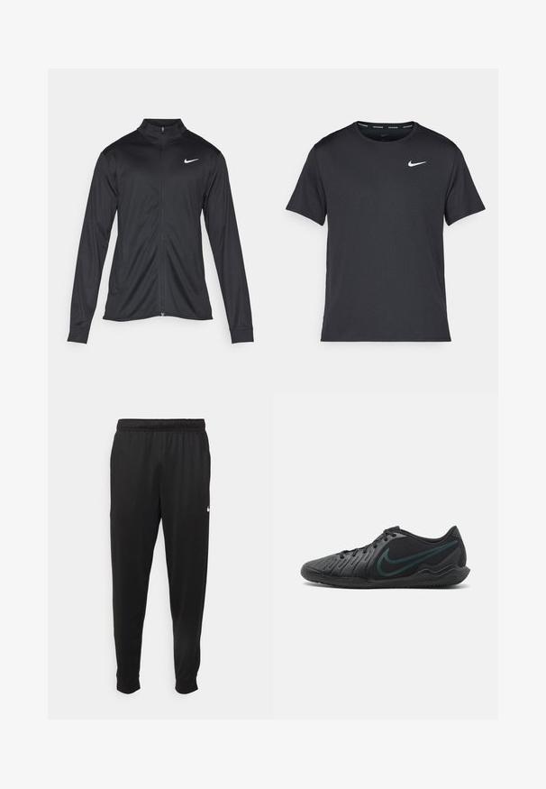 Must värvi sportlik jakk pikkade varrukatega, krae ja täispikk tõmblukk. Ülemises vasakus rinnas on diskreetne valge Nike logo. Sile tekstuur.; Mustamust Nike'i jooksupaita, mis on valmistatud kergest ja hingavast materjalist, lühikeste varrukatega ja mille rinnal on väike valge logo.; Mustad mustekad athletic-püksid sujuvast kangast, elastse vöökoha, kitsenevate jalgade ja väikese valge logoga vasakul küljel.; Mustad sportlikud jalatsid tekstuuriga sünteetilisest ülemisest, laia sidumissüsteemiga ning kontrastse tumerohelise Nike logo külgmisel osal. Kummikreen.