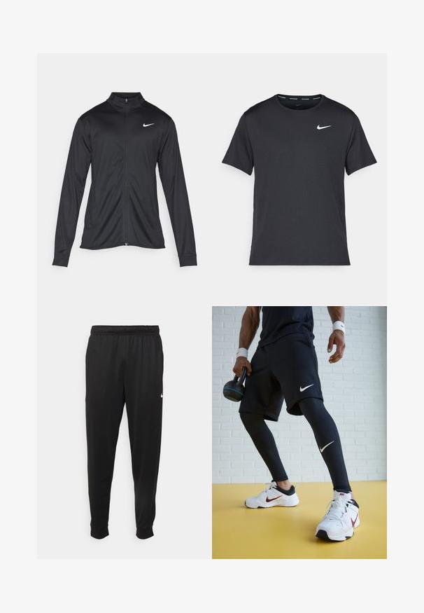 Sort atletisk jakke med lange ærmer, krave og fuld lynlås. Har et diskret Nike-logo i hvidt på den øverste venstre side af brystet. Glat tekstur.; Sort Nike løbe T-shirt lavet af let, åndbart materiale, med korte ærmer og et lille hvidt logo på brystet.; Sorte atletiske bukser lavet af glat stof, med elastisk talje, smalnende ben og et lille hvidt logo på venstre side.; Sorte sportshorts med hvidt Nike-logo, sorte kompressions leggings og hvide sneakers med røde detaljer. Holder en kettlebell.