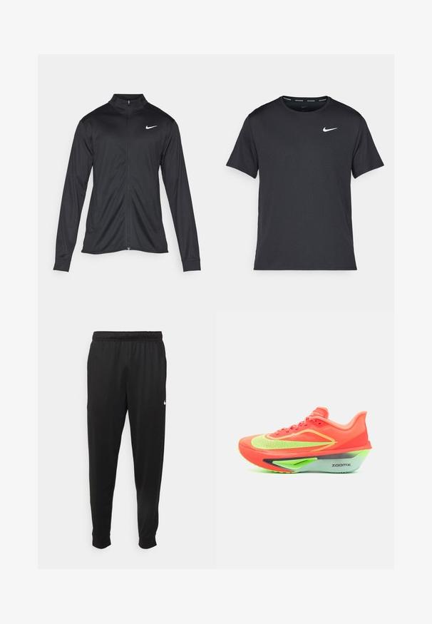 Sort atletisk jakke med lange ærmer, krave og fuld lynlås. Har et diskret Nike-logo i hvidt på den øverste venstre side af brystet. Glat tekstur.; Sort Nike løbe T-shirt lavet af let, åndbart materiale, med korte ærmer og et lille hvidt logo på brystet.; Sorte atletiske bukser lavet af glat stof, med elastisk talje, smalnende ben og et lille hvidt logo på venstre side.; Løbesko med en lys orange overdel, neongrønne detaljer, strømlinet design og en karakteristisk grå og grøn sål, mærket "ZOOMX."