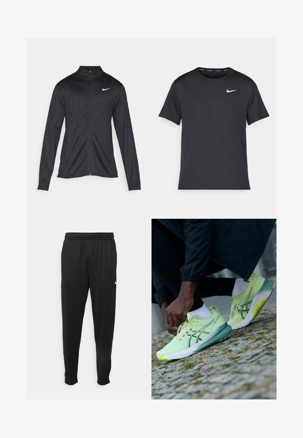 Must värvi sportlik jakk pikkade varrukatega, krae ja täispikk tõmblukk. Ülemises vasakus rinnas on diskreetne valge Nike logo. Sile tekstuur.; Mustamust Nike'i jooksupaita, mis on valmistatud kergest ja hingavast materjalist, lühikeste varrukatega ja mille rinnal on väike valge logo.; Mustad mustekad athletic-püksid sujuvast kangast, elastse vöökoha, kitsenevate jalgade ja väikese valge logoga vasakul küljel.; ASICS GEL-KAYANO 31 - Maanteejooksu jalatsid - cool matcha/celadon