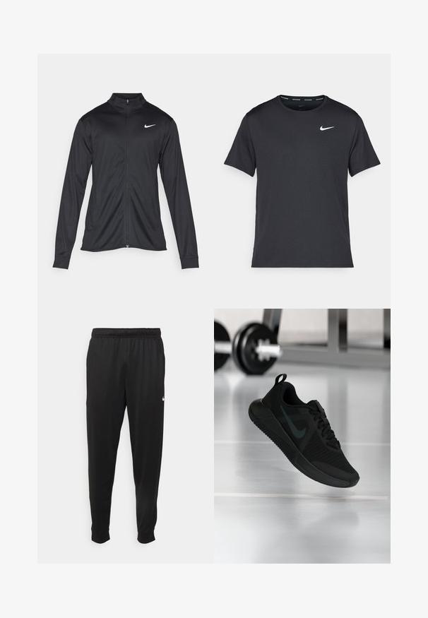 Melna sporta jaka ar garām piedurknēm, apkakli un pilnu rāvējslēdzēju. Uz kreisā krūts augšdaļas ir maigs Nike logo baltā krāsā. Gluda tekstūra.; Melna Nike skriešanas T-kreklā, kas izgatavots no viegla un elpojoša materiāla, ar īsām piedurknēm un mazu baltu logo uz krūtīm.; Melnas sporta bikses, kas izgatavotas no gludas auduma, ar elastīgu jostu, sašaurinošām kājām un mazu balto logo kreisajā pusē.; Melnas sporta kurpes ar teksturētu acs augšdaļu, gumijas zolīti un izteiktu tumšu Swoosh logotipu. Aprīkotas ar polsterētu apkakli un šņorējamu dizainu.