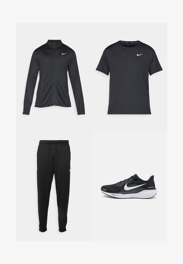 Veste de sport noire à manches longues, avec col et fermeture éclair intégrale. Présente un logo Nike subtil en blanc sur le côté supérieur gauche de la poitrine. Texture lisse.; T-shirt de course noir Nike en matériau léger et respirant, avec des manches courtes et un petit logo blanc sur la poitrine.; Pantalon de sport noir en tissu lisse, avec une taille élastique, des jambes fuselées et un petit logo blanc sur le côté gauche.; Chaussure de sport noire avec tige en mesh, logo swoosh blanc, col rembourré et semelle amortissante avec le détail "AIR ZOOM" sur la semelle extérieure.
