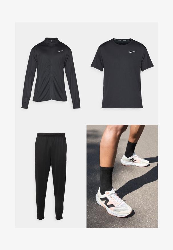 Fekete sportdzseki hosszú ujjal, gallérral és teljes cipzárral. Diszkrét fehér Nike logóval az upper bal mellen. Sima textúra.; Fekete Nike futó póló, könnyű, légáteresztő anyagból készült, rövid ujjú, és a mellkasán egy kicsi fehér logó található.; Fekete sportos nadrág sima anyagból, rugalmas derékkal, szűkülő lábakkal és egy kis fehér logóval a bal oldalon.; Fehér és szürke sportcipők fekete akcentussal, hálós felsőrész, fényvisszaverő részletek és könnyű talp jellemzi őket, fekete zoknikkal párosítva.