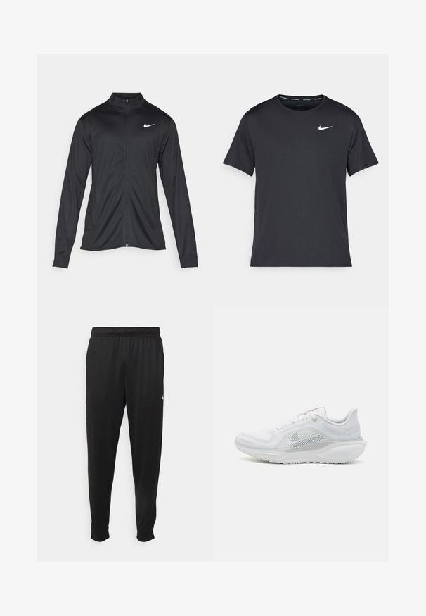 Veste de sport noire à manches longues, avec col et fermeture éclair intégrale. Présente un logo Nike subtil en blanc sur le côté supérieur gauche de la poitrine. Texture lisse.; T-shirt de course noir Nike en matériau léger et respirant, avec des manches courtes et un petit logo blanc sur la poitrine.; Pantalon de sport noir en tissu lisse, avec une taille élastique, des jambes fuselées et un petit logo blanc sur le côté gauche.; Baskets blanches à tige en mesh, accents gris et semelle texturée. Présente des lacets ronds et une semelle intermédiaire rembourrée pour le soutien.