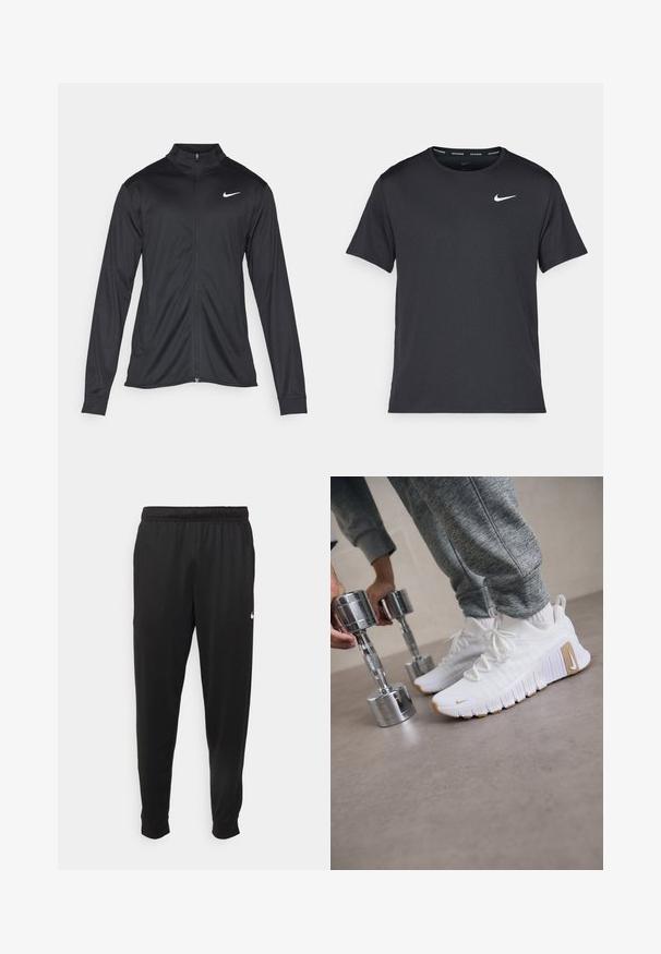 Crna sportska jakna s dugim rukavima, ovratnikom i punim patentnim zatvaračem. Ima suptilan Nike logo u bijeloj boji na gornjem lijevom dijelu prsne oznake. Glatka tekstura.; Crna Nike majica za trčanje napravljena od laganog, prozračnog materijala, s kratkim rukavima i malim bijelim logotipom na prsima.; Crne atletske hlače od glatkog materijala, s elastičnom pasicom, sužavajućim nogavicama i malim bijelim logom na lijevoj strani.; Bijele sportske cipele s teksturiranim gornjim dijelom, ravnim gumеним potplatom i svijetlosmešnim akcentima. Sivi bučici u prvom planu. Sive trenirke su vidljive.