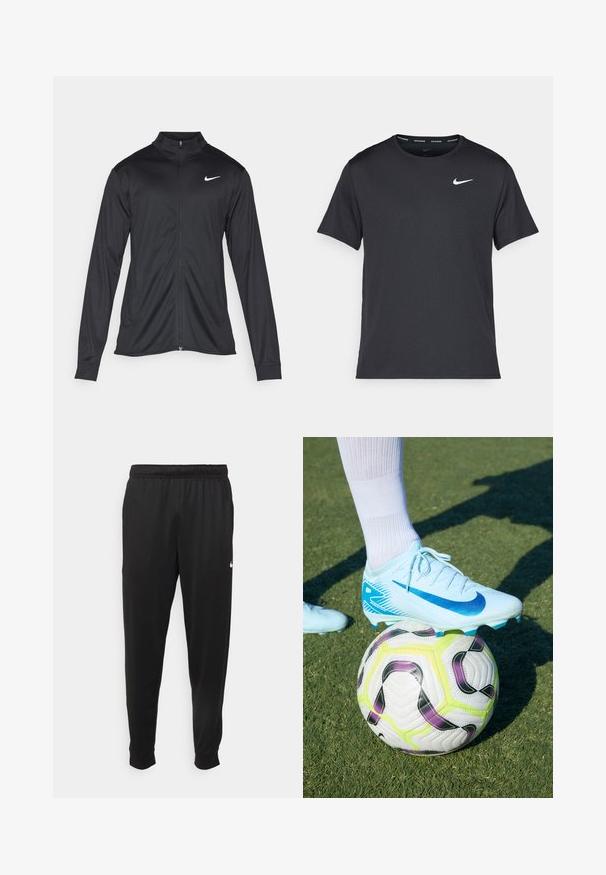 Fekete sportdzseki hosszú ujjal, gallérral és teljes cipzárral. Diszkrét fehér Nike logóval az upper bal mellen. Sima textúra.; Fekete Nike futó póló, könnyű, légáteresztő anyagból készült, rövid ujjú, és a mellkasán egy kicsi fehér logó található.; Fekete sportos nadrág sima anyagból, rugalmas derékkal, szűkülő lábakkal és egy kis fehér logóval a bal oldalon.; Világoskék Nike focicipő kék swoosh mintával, egy sokszínű focilabdán pihen, amely zöld, lila és fekete díszítésekkel rendelkezik.