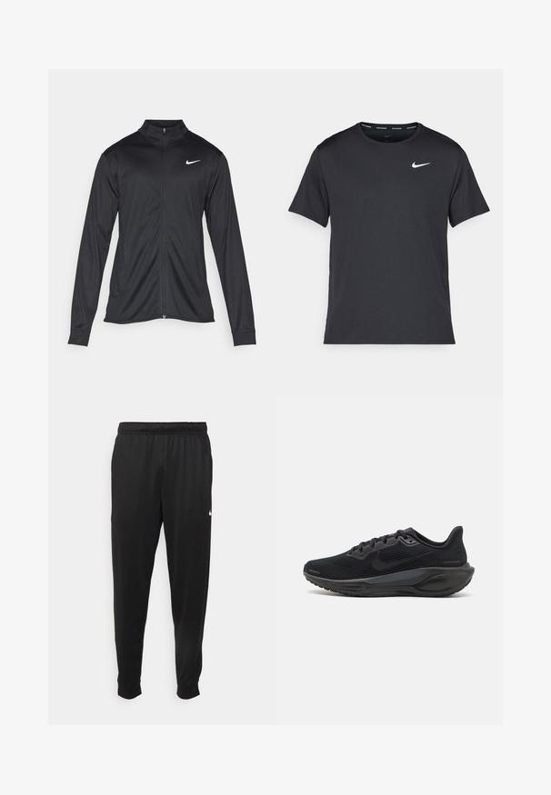 Giacca sportiva nera con maniche lunghe, colletto e zip completa. Presenta un logo Nike in bianco sulla parte superiore del lato sinistro del petto. Tessuto morbido.; Maglietta da corsa Nike nera realizzata in materiale leggero e traspirante, con maniche corte e un piccolo logo bianco sul petto.; Pantaloni sportivi neri realizzati in tessuto liscio, con una vita elastica, gambe affusolate e un piccolo logo bianco sul lato sinistro.; Scarpa sportiva nera con tomaia in rete e occhielli rinforzati, dotata di una suola imbottita, design elegante e accenti minimal.