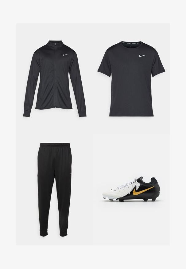 Black athletic jacket with long sleeves, collar, and full zipper. Features a subtle Nike logo in white on the upper left chest. Smooth texture.; Black Nike running T-shirt made of lightweight, breathable material, featuring short sleeves and a small white logo on the chest.; Black athletic pants made of smooth fabric, featuring an elastic waistband, tapered legs, and a small white logo on the left side.; Nike football cleat featuring a white upper with textured stripes, black heel and sole, and a gold swoosh logo on the side.