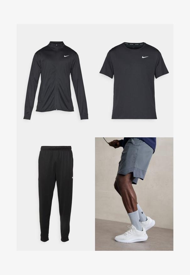 Schwarze Sportjacke mit langen Ärmeln, Kragen und voller Reißverschluss. Verfügt über ein dezentes Nike-Logo in Weiß auf der oberen linken Brust. Glatte Textur.; Schwarzes Nike Lauft-Shirt aus leichtem, atmungsaktivem Material, mit kurzen Ärmeln und einem kleinen weißen Logo auf der Brust.; Schwarze Sporthosen aus glattem Stoff, mit einem elastischen Bund, schmal zulaufenden Beinen und einem kleinen weißen Logo auf der linken Seite.; Weiße Sportschuhe mit strukturiertem Mesh-Obermaterial, kombiniert mit hellblauen gerippten Socken mit einem Logo. Graue Sportshorts mit perforiertem Saum.