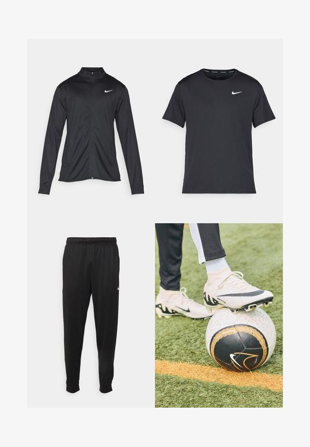 Sort atletisk jakke med lange ærmer, krave og fuld lynlås. Har et diskret Nike-logo i hvidt på den øverste venstre side af brystet. Glat tekstur.; Sort Nike løbe T-shirt lavet af let, åndbart materiale, med korte ærmer og et lille hvidt logo på brystet.; Sorte atletiske bukser lavet af glat stof, med elastisk talje, smalnende ben og et lille hvidt logo på venstre side.; Lysfarvede fodboldstøvler med et sort og hvidt design er placeret på en mønstret sort og hvid fodbold, der hviler på grønt græs.