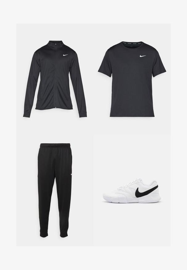 Jachetă sportivă neagră cu mâneci lungi, guler și fermoar complet. Prezintă un logo Nike subtil, alb, pe pieptul din stânga sus. Textură netedă.; Tricou de alergare Nike negru, fabricat dintr-un material ușor și respirabil, cu mâneci scurte și un mic logo alb pe piept.; Pantaloni sportivi negri dintr-o țesătură netedă, cu un elastic la brâu, picioare conice și un mic logo alb pe partea stângă.; Pantofi sport albi cu un superior texturat, swoosh negru Nike, guler căptușit și o talpă din cauciuc solidă cu un model de profil.