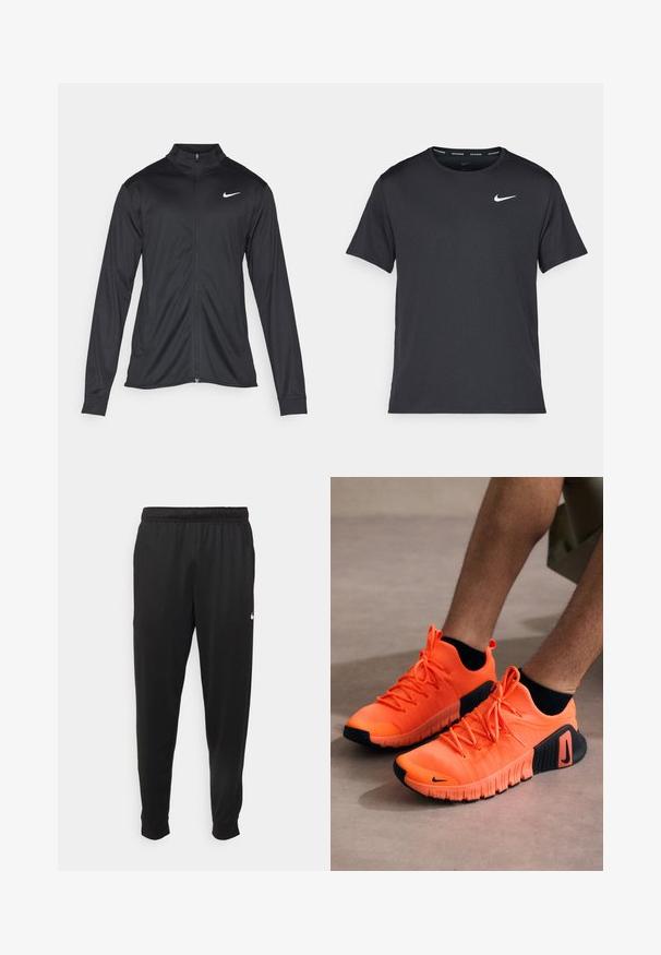 Zwarte sportjack met lange mouwen, kraag en volle rits. Voorzien van een subtiele Nike-logo in het wit op de bovenste linkerborst. Soepele textuur.; Zwarte Nike hardloop T-shirt gemaakt van lichtgewicht, ademend materiaal, met korte mouwen en een klein wit logo op de borst.; Zwarte sportbroek gemaakt van gladde stof, met een elastische tailleband, taps toelopende pijpen en een klein wit logo aan de linkerzijde.; Oranje sportschoenen met een gestructureerde bovenkant, een zwarte rubberen zool en veters. Heeft een Nike-logo op de zijkant en een gestroomlijnd ontwerp.