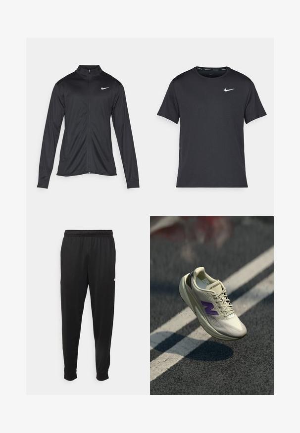 Čierna športová bunda s dlhými rukávmi, golierom a plným zipsom. Obsahuje nenápadné logo Nike v bielej farbe na hornej ľavej hrudi. Hladká textúra.; Čierne bežecké tričko Nike vyrobené z ľahkého a priedušného materiálu, s krátkymi rukávmi a malým bielym logom na hrudi.; Čierne športové nohavice z hladkej tkaniny, s elastickým pásom, zužujúcimi sa nohavicami a malým bielym logom na ľavej strane.; Svetlo krémová bežecká obuv s fialovým logom. Obsahuje textúrovaný zvršok, šnúrky a polstrovanú podrážku. Zvýšený dizajn s výrazným podpätkom.