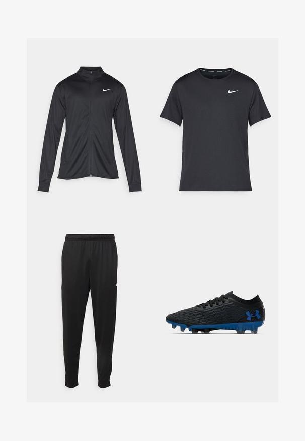 Černá sportovní bunda s dlouhými rukávy, límcem a plným zipem. Má decentní bílou logo značky Nike na horní levé části hrudi. Hladká textura.; Černé běžecké tričko Nike vyrobené z lehkého a prodyšného materiálu, s krátkými rukávy a malým bílým logem na hrudi.; Černé sportovní kalhoty vyrobené z hladké tkaniny, s elastickým pasem, zúženými nohavicemi a malým bílým logem na levé straně.; Černý fotbalový kopač s texturovaným svrškem, modrými akcenty na podrážce a logu, a černými šněrovadly. Navržen pro trakci a podporu.